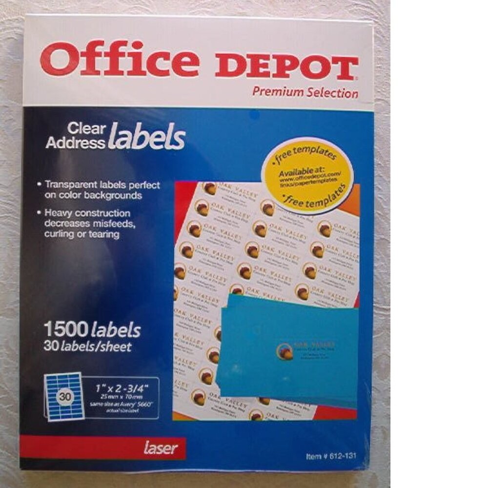 Office Depot Laser Clear Address Labels, 1" x 2-3/4", 1500 Labels